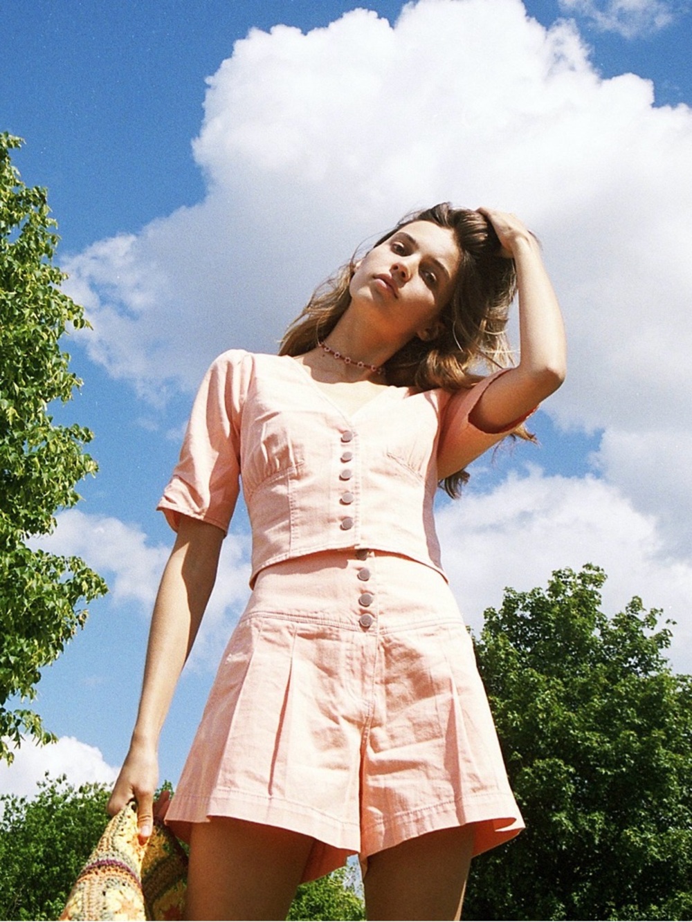 Free People Twice As Nice Peach Crop Button-Up Puff Sleeve Cotton Blouse Size 10